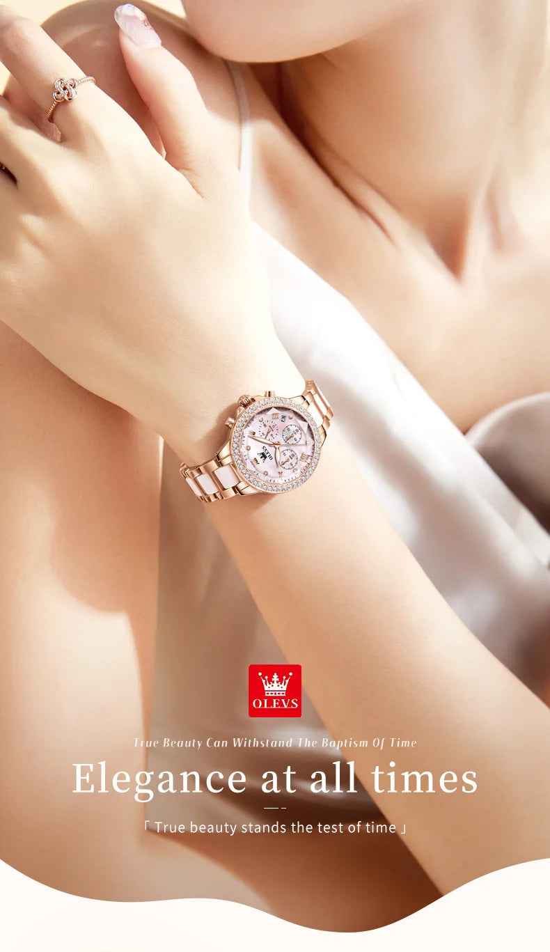 OLEVS Luxury Women’s Waterproof Chronograph Watch. Rose Gold Crystal Fashion Timepiece