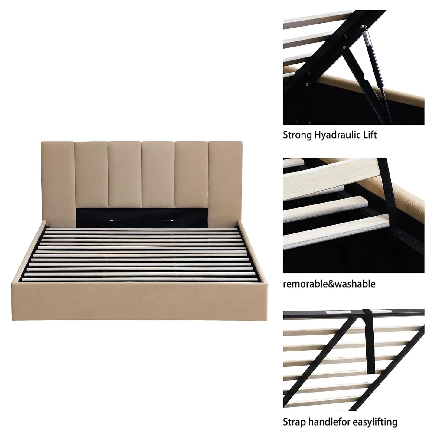 King Size Upholstered Lift-Up Storage Bed with Headboard