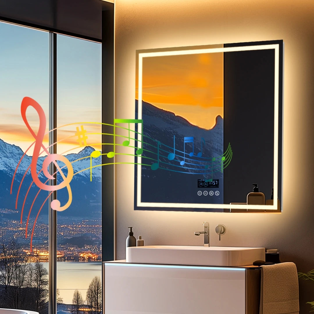 LED Bathroom Mirror 800mm Square Wall Bluetooth Clock