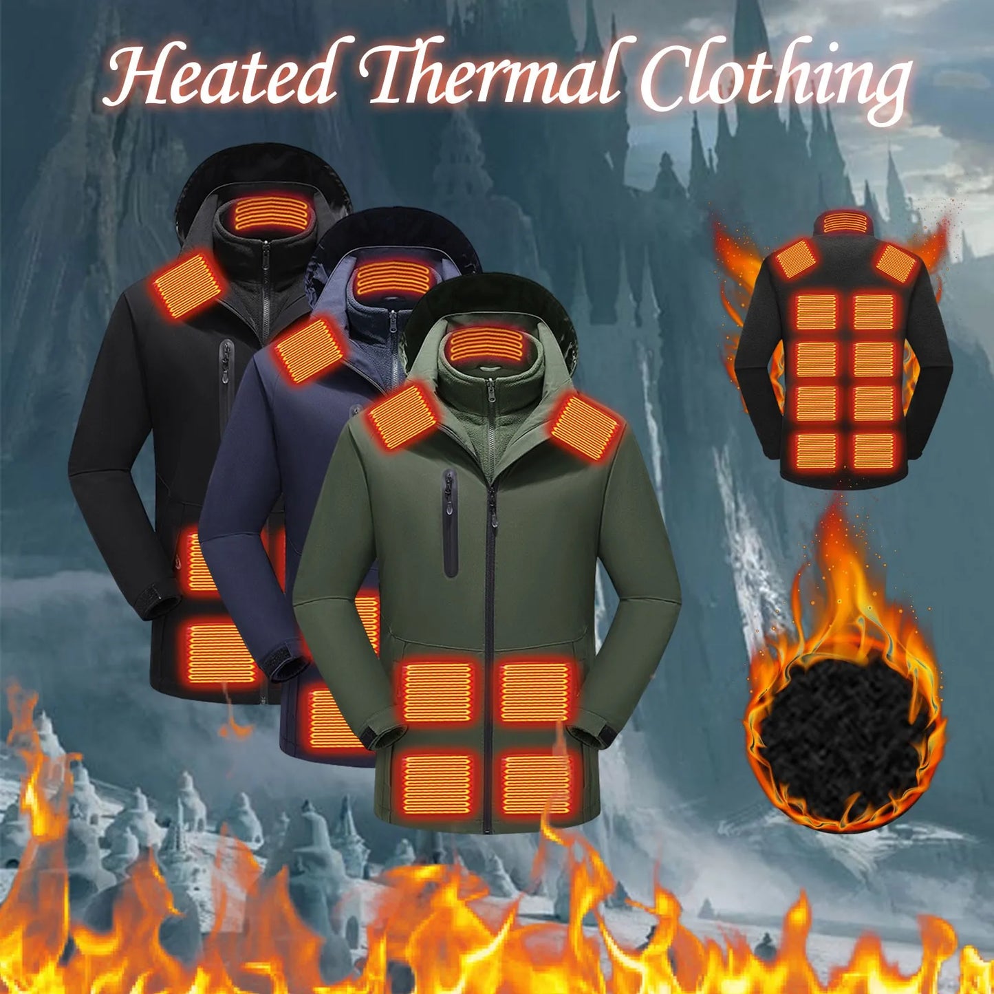 Men’s Heated Winter Jacket USB Thermal Hooded Outdoor Coat