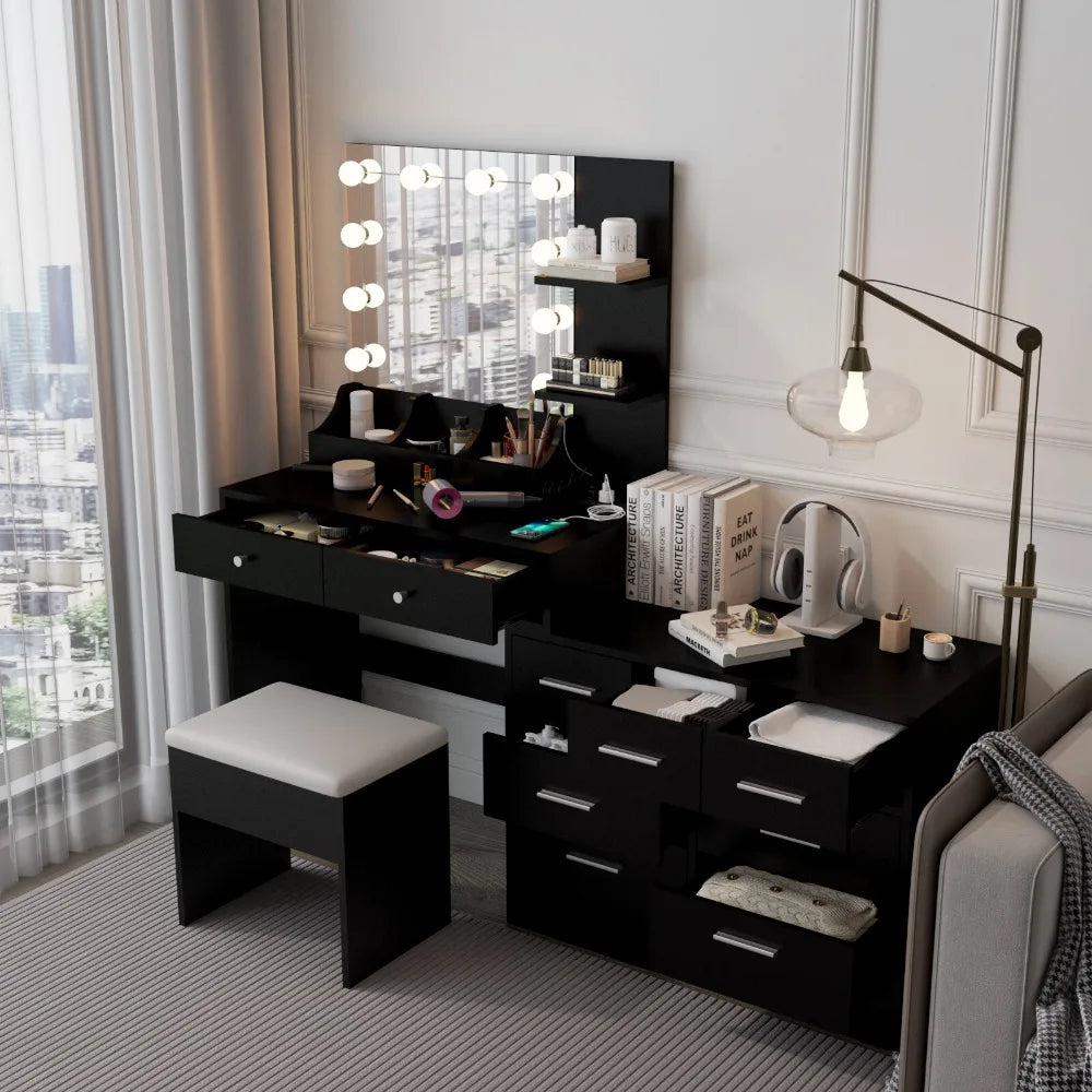 Vanity Table Set Mirror 9 Drawers Dresser Desk w/