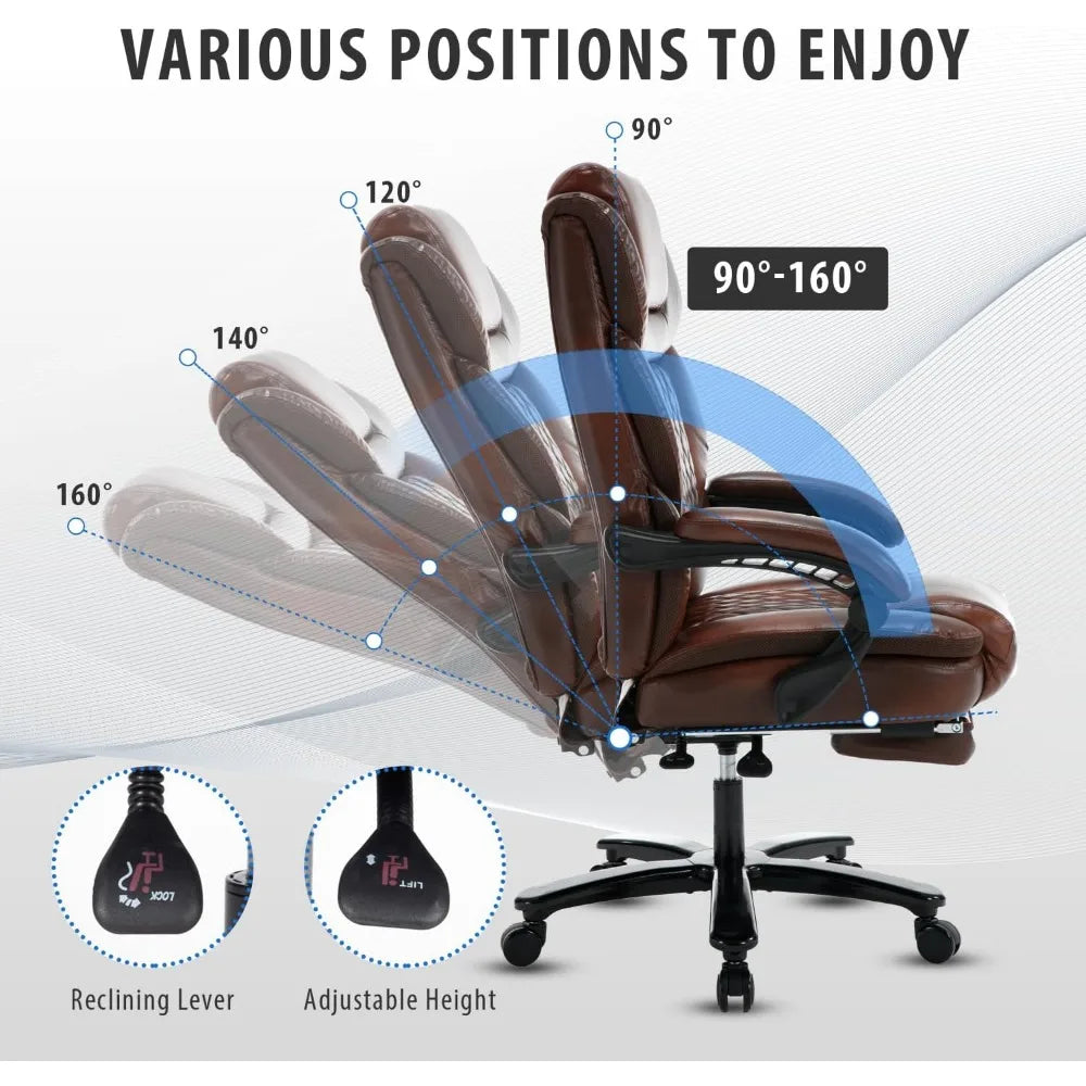 450lbs Big Tall Reclining Office Chairs with Foot Rest Back Support Ergonomic Wide Seat Recliner Desk Chair Brown Leather Execut