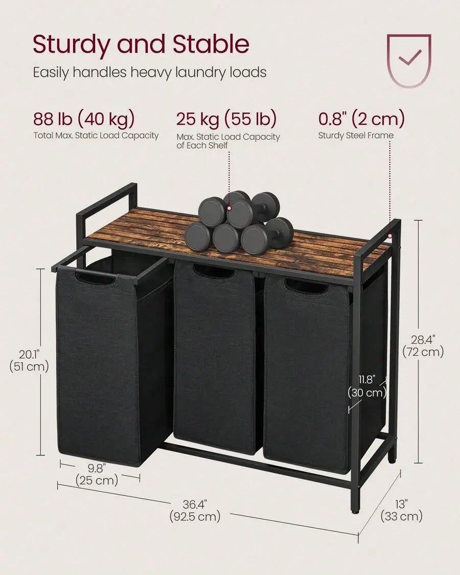 3-Section Laundry Sorter Hamper with Removable Bags & Pull Handles
