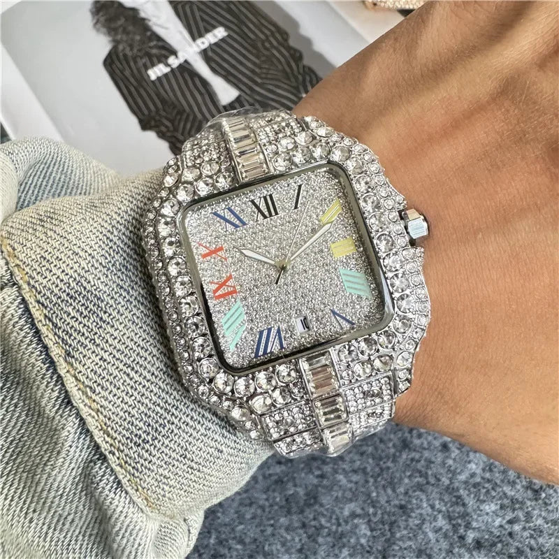 Luxury Iced-Out Square Men’s Watch. Diamond Style Fashion Timepiece