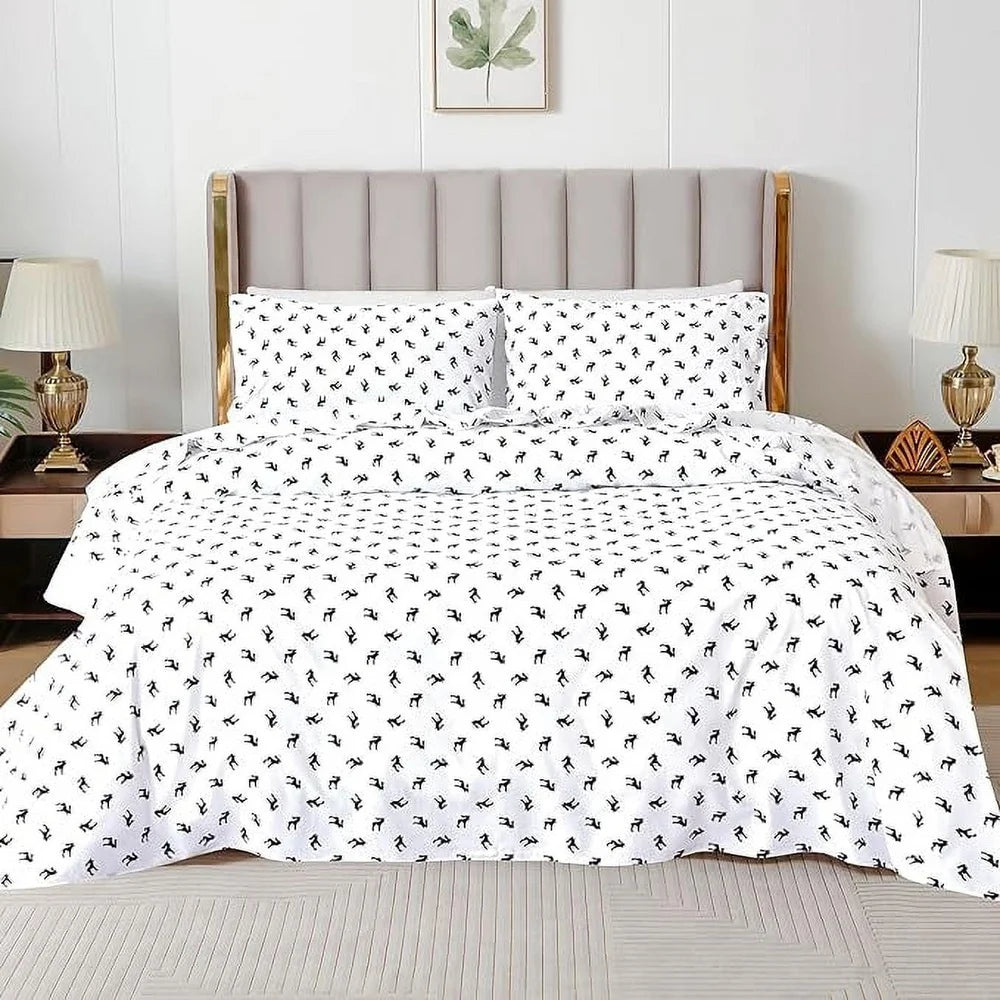4 Piece King Flannel Cotton Sheet Set Deep Pocket Breathable Cozy Christmas Bedding Soft Durable Black Elk Pattern