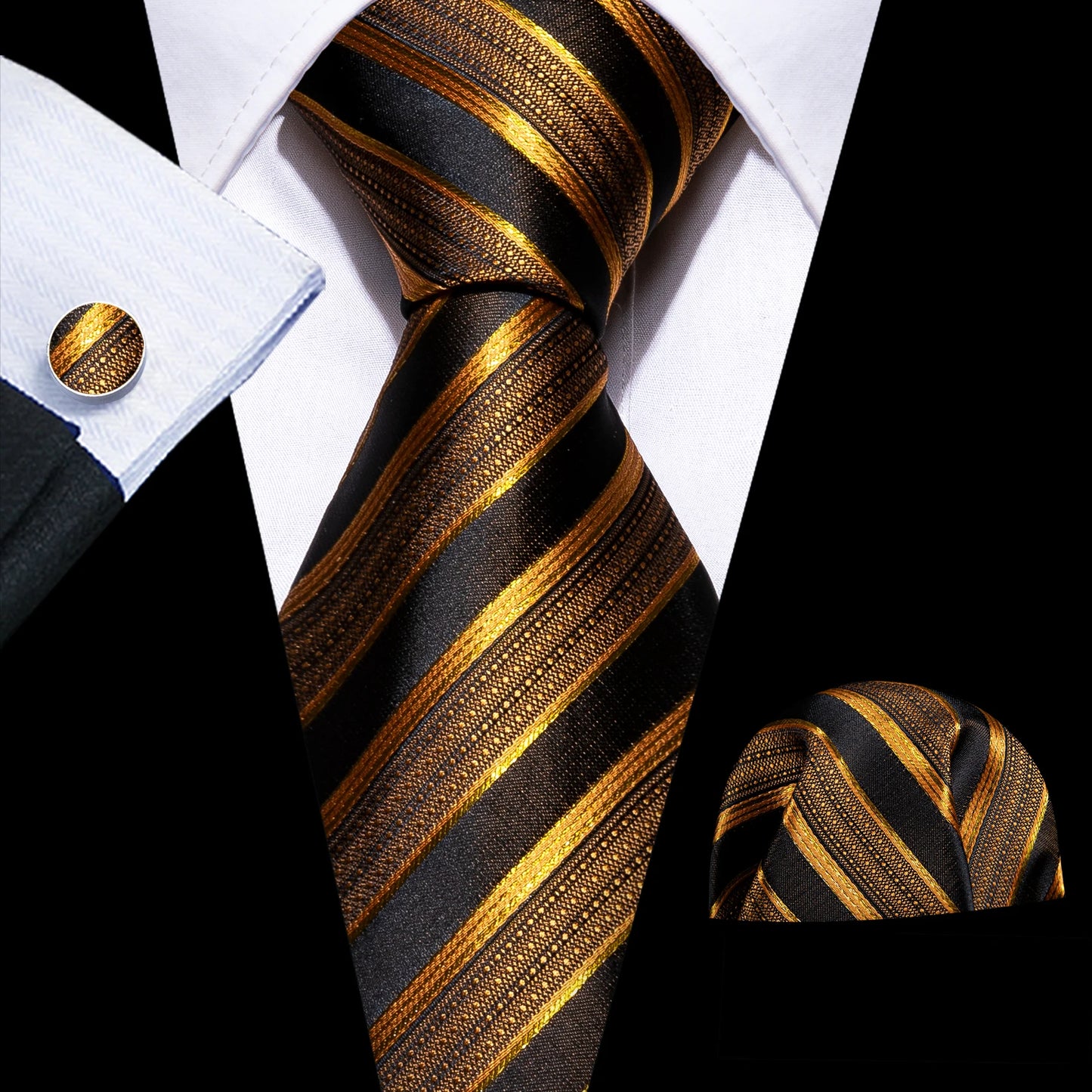 Men’s Luxury Red Striped Necktie Set. Silk Tie, Pocket Square & Cufflinks for Business, Wedding & Formal Wear