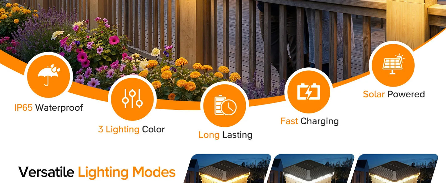 6/12 Pack Solar Fence Post Cap Lights | Waterproof LED Outdoor Deck, Patio & Garden Post Lights with 3 Lighting Modes