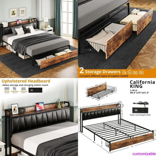 "california king platform bed frame with storage headboard and charging station, drawers included, no box spring required"