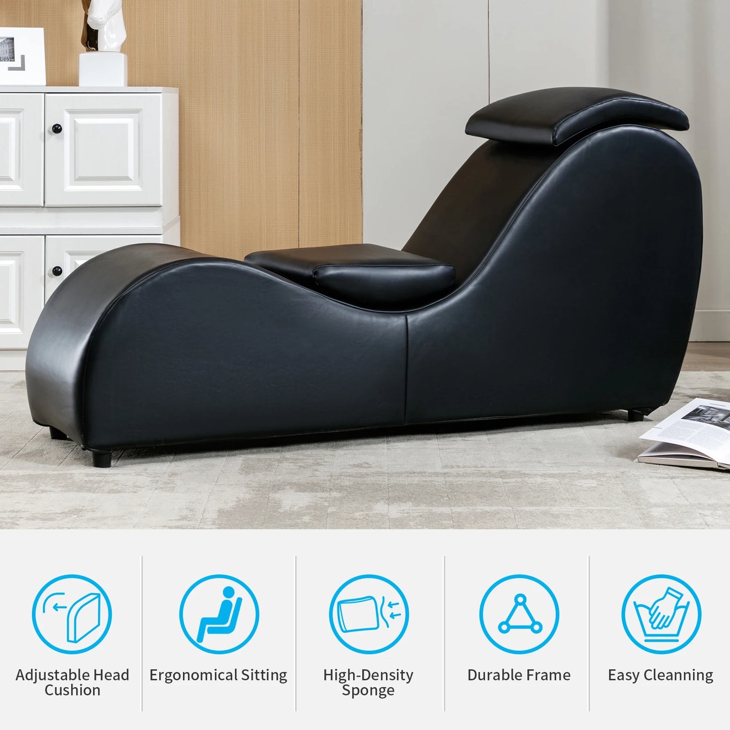 Curved Yoga Chaise Lounge for Adult Stretching, Exercising and Relaxing, Indoor Lounge Chair with Adjustable Head Cushion