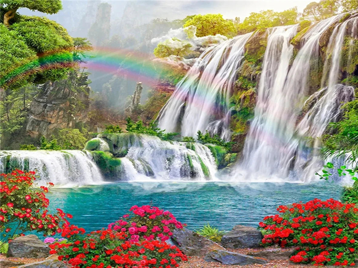 DIY Paint by Numbers Mountain Waterfall Landscape Canvas Kit. Adult & Kids Acrylic Painting Craft Home Wall Decor Gift