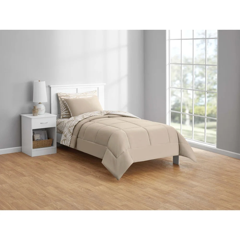 5 Piece Reversible Comforter Set Twin XL Beige Palm Print
