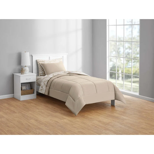 5 Piece Reversible Comforter Set Twin XL Beige Palm Print