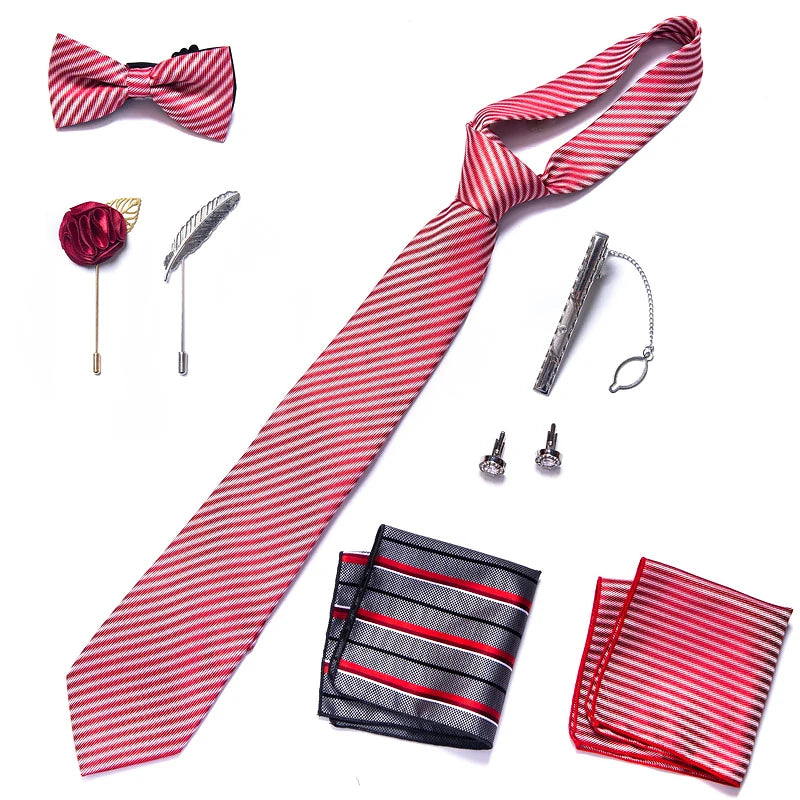 Men’s Novelty Silk Tie Gift Set. Necktie, Pocket Square & Accessories