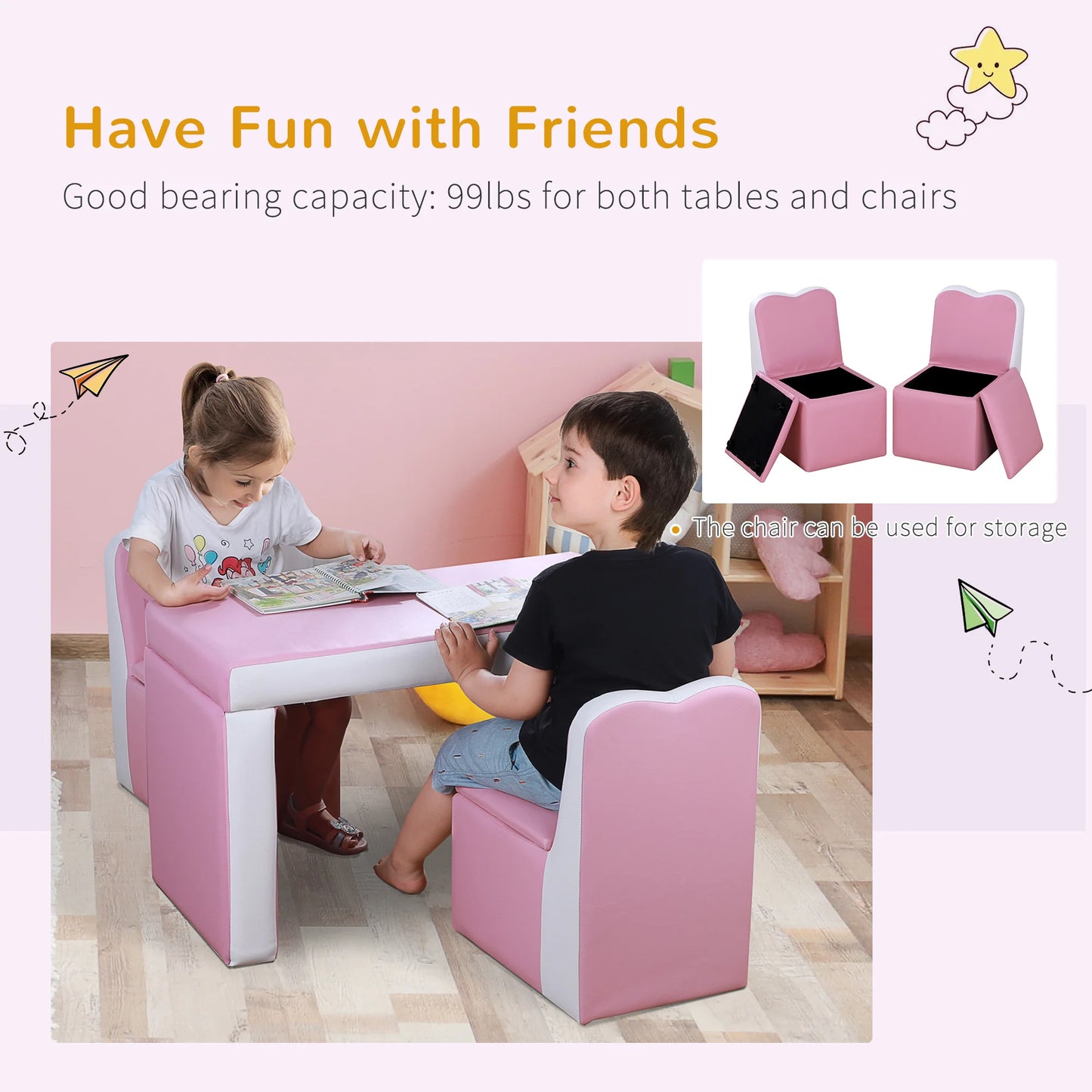 Kids Leather Sofa Armchair Multi-functional Table Chair Set Storage Pink