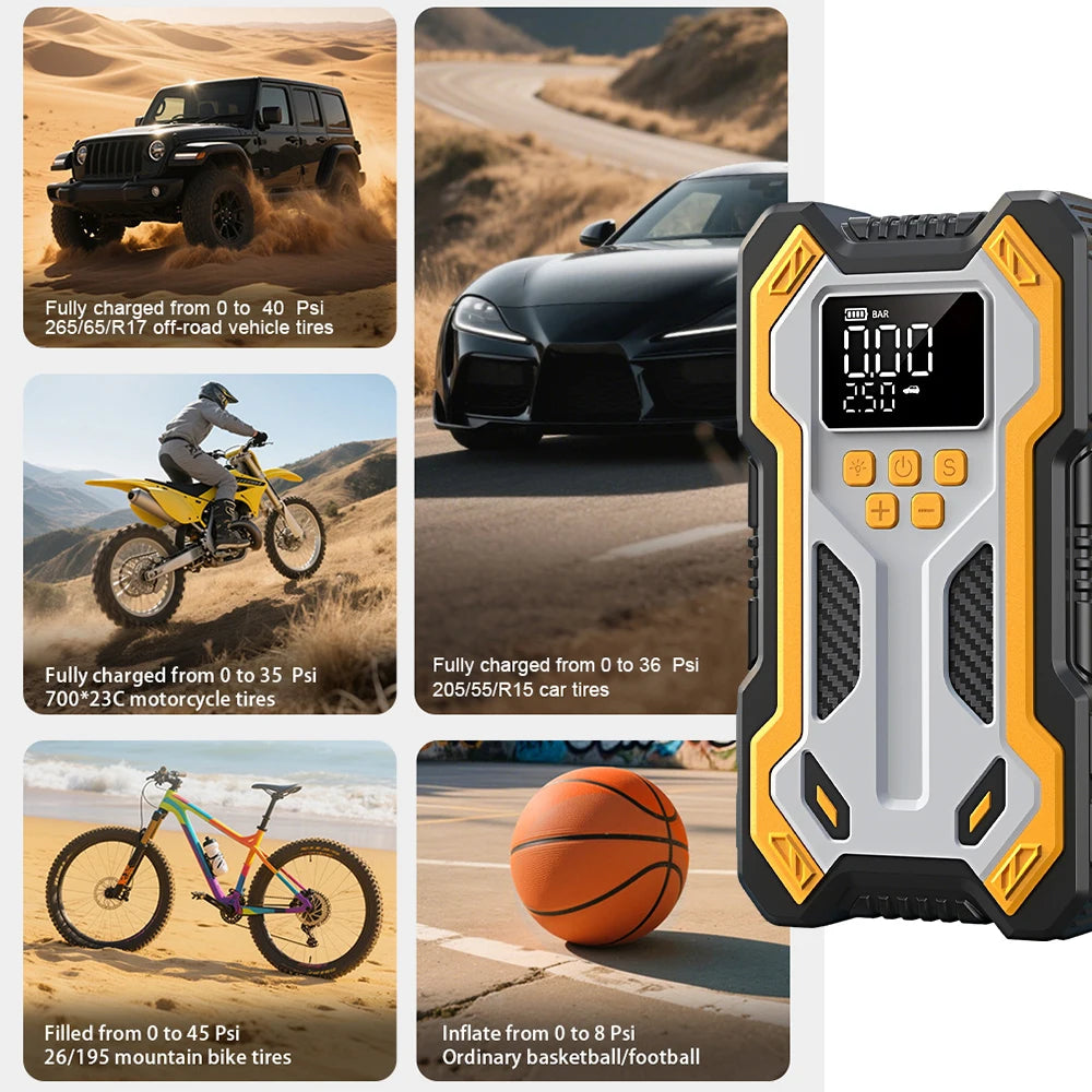 Portable Car Jump Starter with Digital Tire Inflator | 12V Battery Booster Pack | Air Compressor | LED Flashlight | USB Power Bank