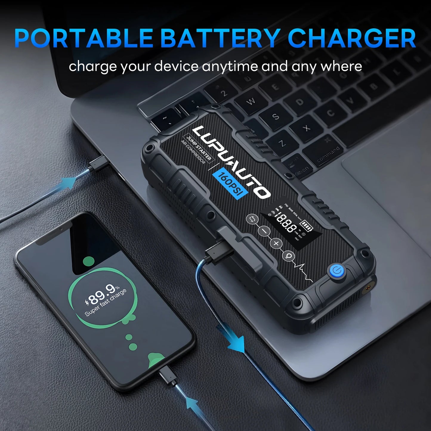 7000A Portable Car Jump Starter with Air Compressor | Battery Booster Pack | Digital Tire Inflator | Power Bank & LED Emergency Light
