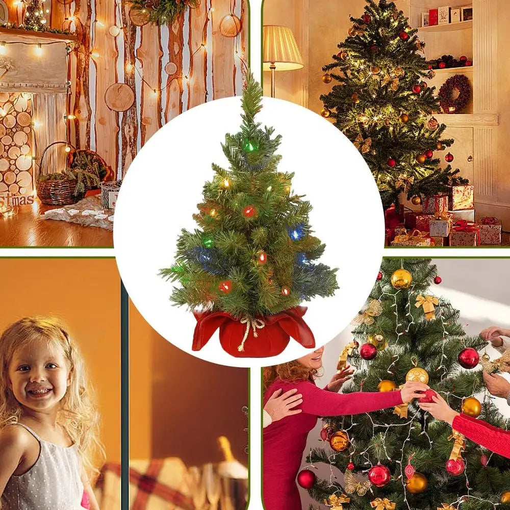 Pre-Lit Artificial Pine Christmas Tree . 60cm Mini Tabletop Christmas Tree with Warm LED Lights & Burlap Base