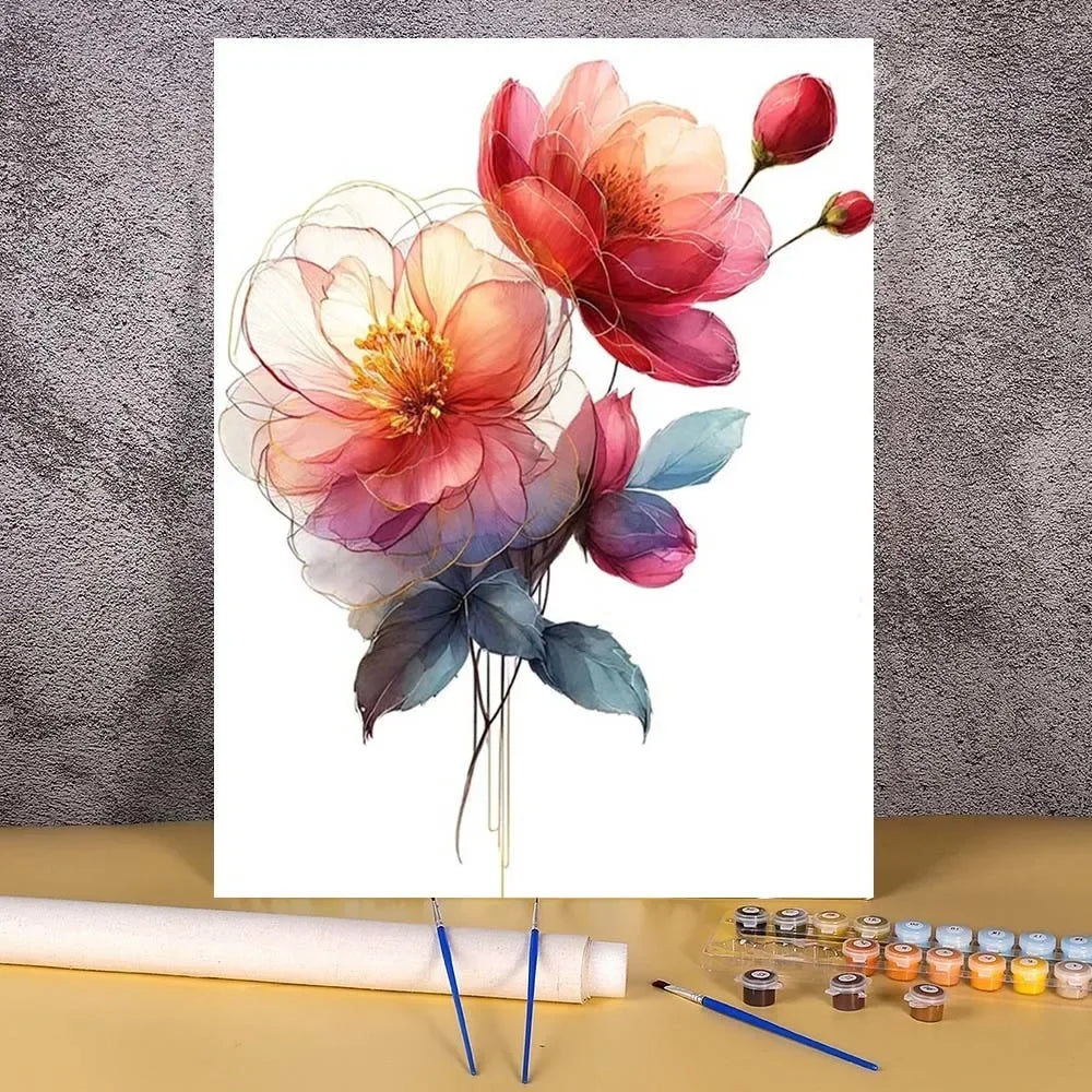 DIY Paint by Numbers Ink & Wash Flower Canvas Kit . Floral Acrylic Painting Set for Adults & Beginners Home Wall Decor Gift