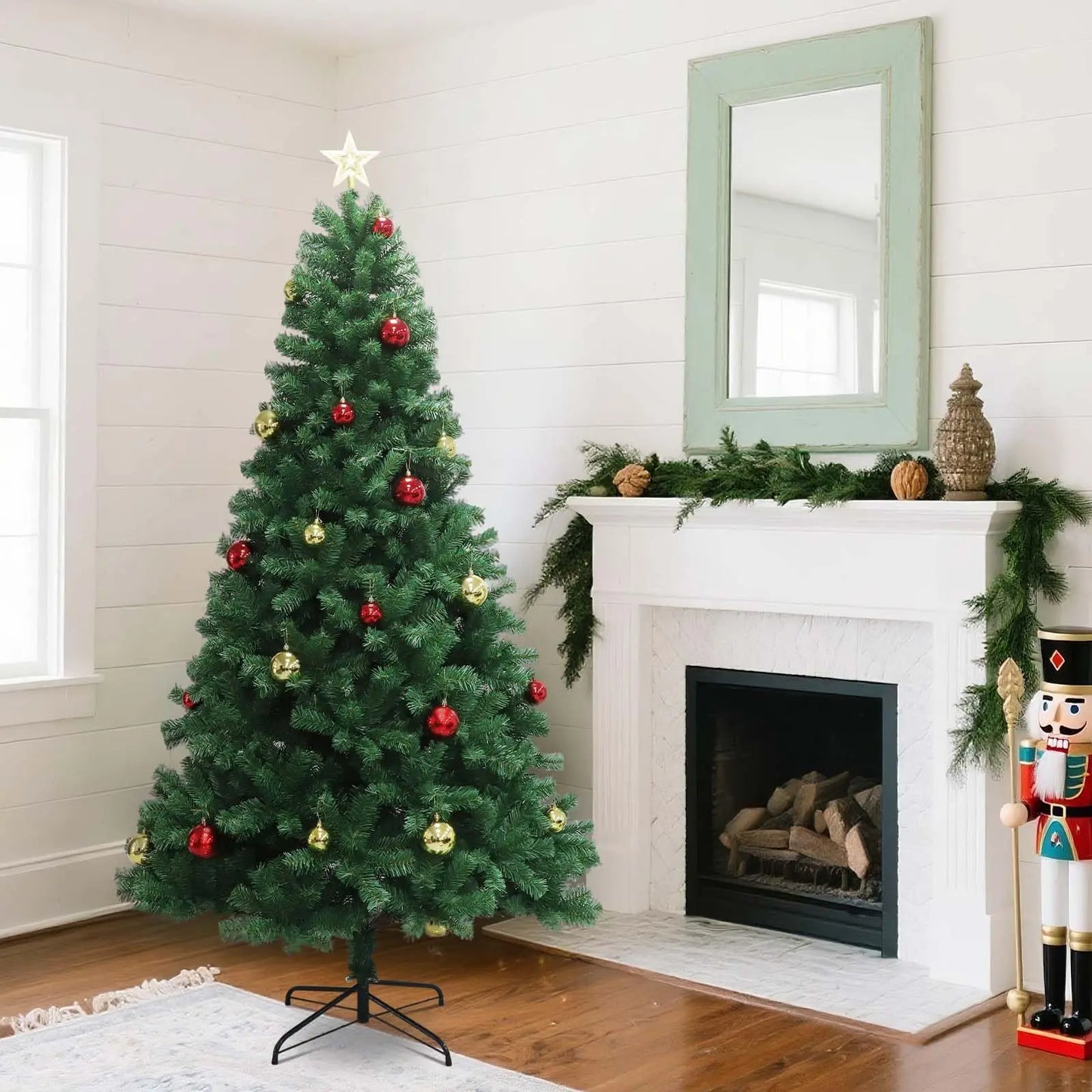 7ft Pre-Lit Christmas Tree with Ornaments & Tree Topper .Complete Holiday Decoration Set for Home & Office