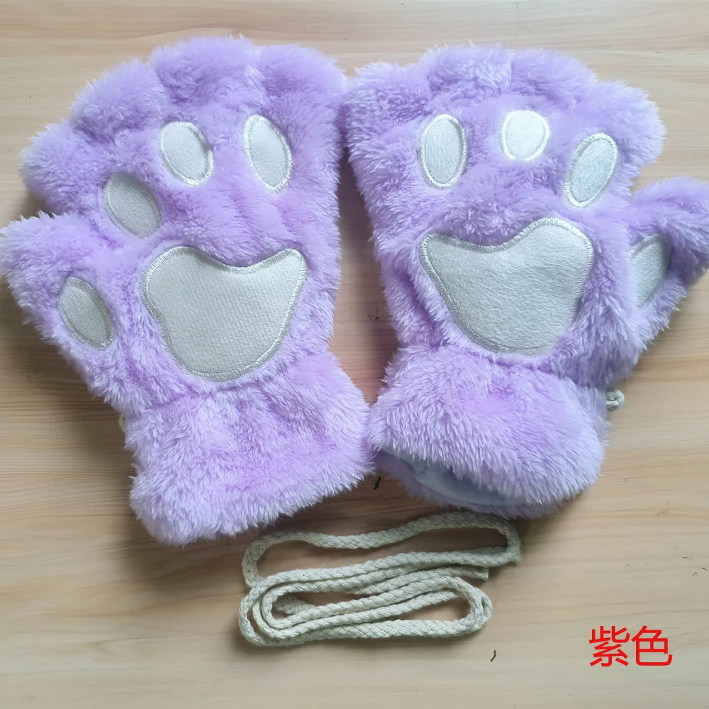 Lovely Plush Cat Claw Paw Gloves Short Fingerless Mittens