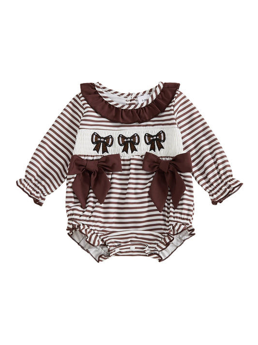 Toddler Girl Autumn Striped Bubble Romper with Long Sleeves Ruffled Neckline and Bow Detail Jumpsuit