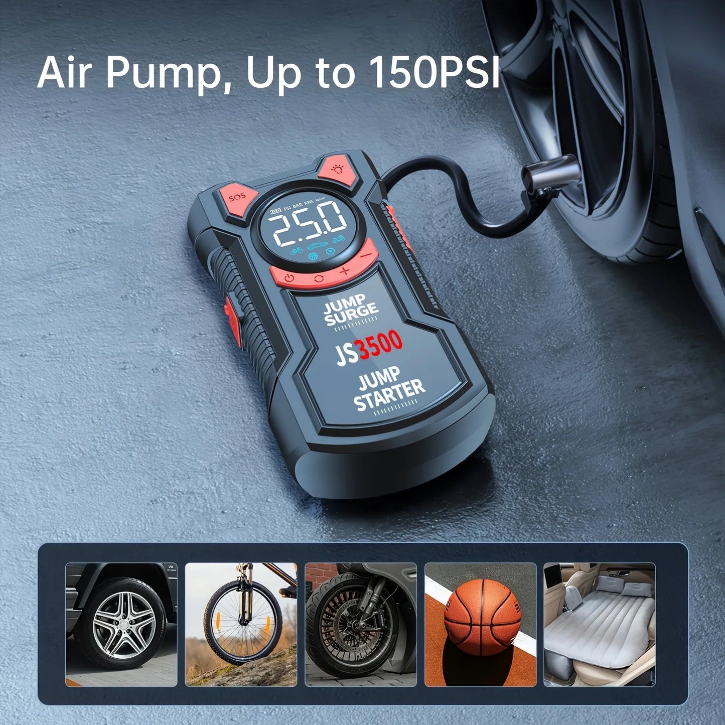 3000A Portable Car Jump Starter with Air Compressor  5-in-1 Battery Booster, Tire Inflator, LED Light & Power Bank
