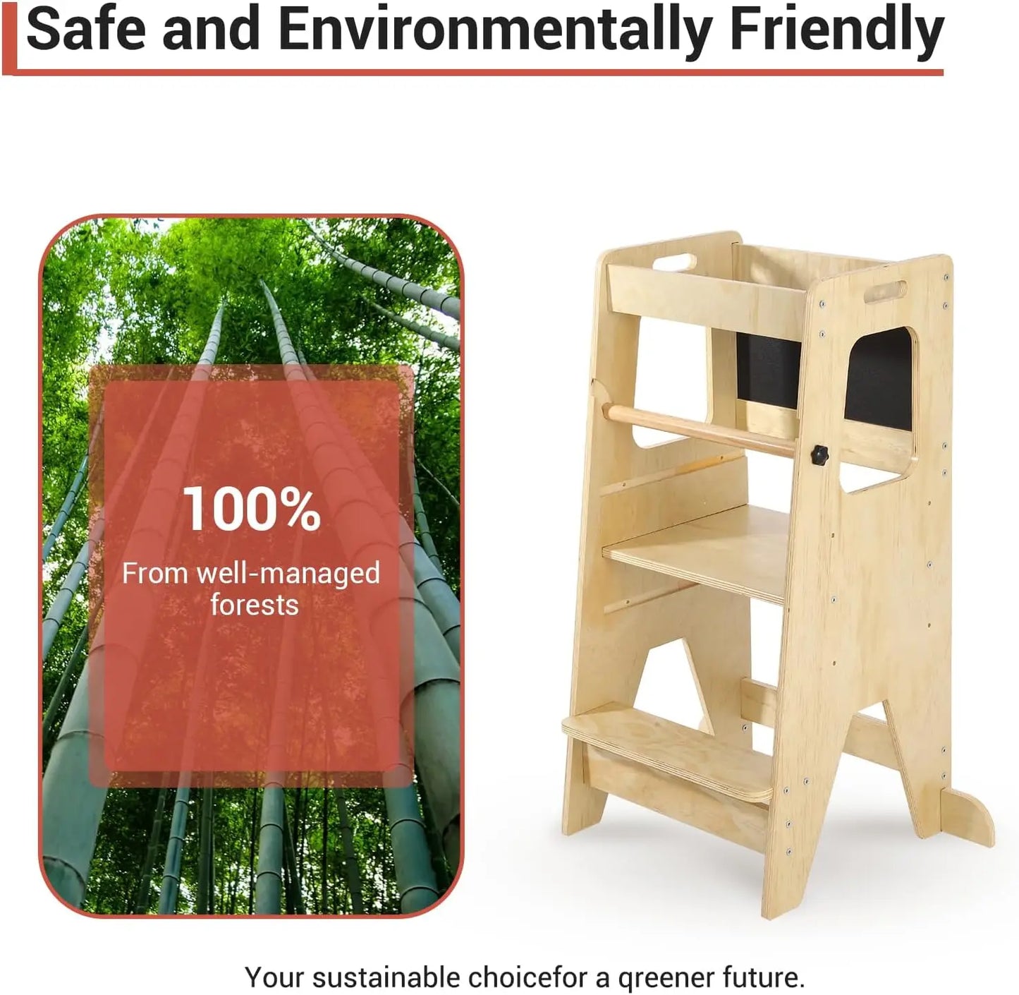 Wooden Kids Kitchen Step Stool with Blackboard & Safety Rails | Adjustable Montessori Learning Helper for Toddlers