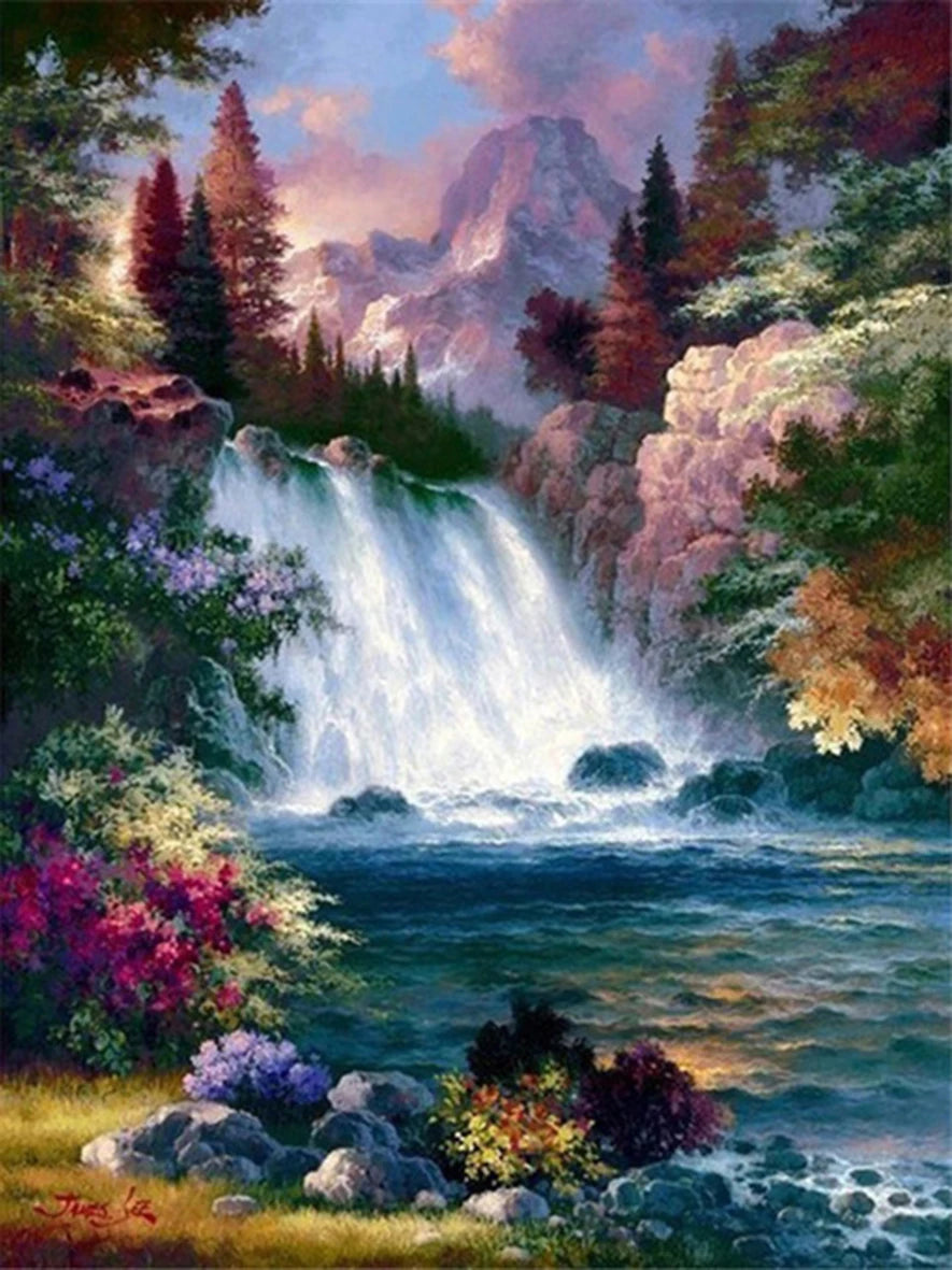 DIY Paint by Numbers Mountain Waterfall Landscape Canvas Kit. Adult & Kids Acrylic Painting Craft Home Wall Decor Gift