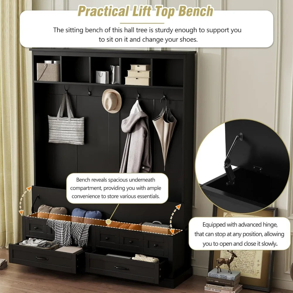 Wide Hall Tree with Lift Top Storage Bench and 2 Drawers, Retro Wooden Hallway Coat Rack with 5 Hooks and Open Storage Space,