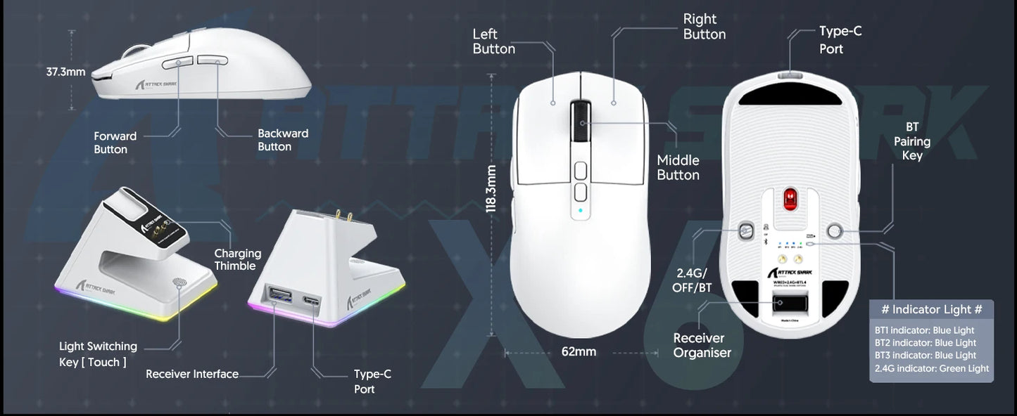 ATTACK SHARK X6 Lightweight Wireless Gaming Mouse, RGB Backlit Tri-Mode Mouse with PAW3395 Sensor for PC, Laptop & Mac