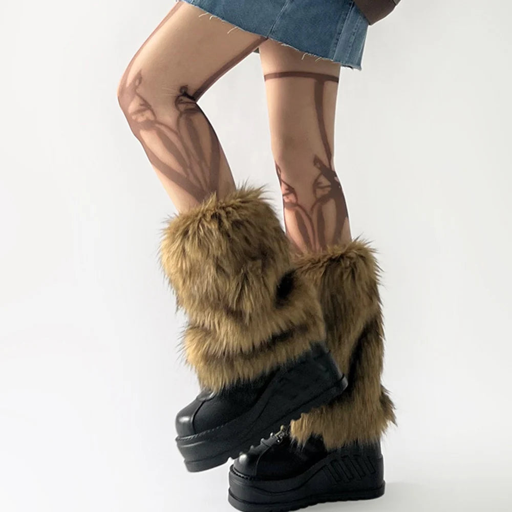 Y2k Vintage Faux Fur Leg Warmers Hot Girl Harajuku Winter Warm Furry Boots Cover Socks Jk Punk Hiphop Cosplay Accessories