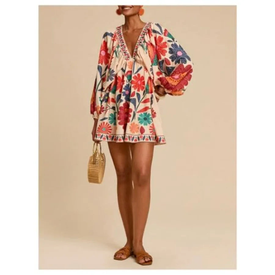 RoseSeek Women's Boho Floral V Neck Mini Dresses Bishop Sleeve Tie Open Back Tropical Dress