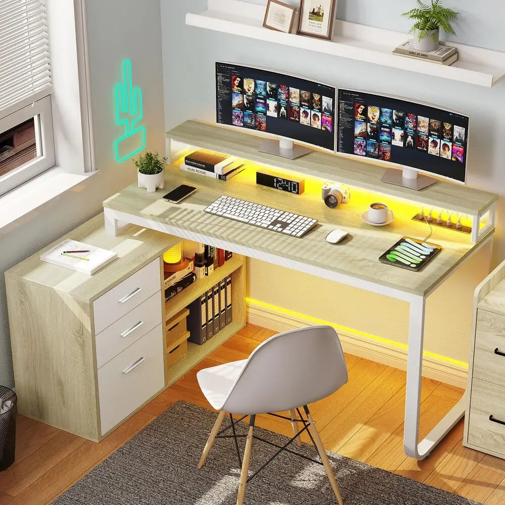 L-Shaped Gaming Computer Desk Home Office Desk File Drawers
