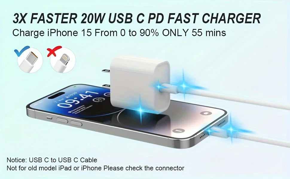 20W USB C Fast Charging Block for iPad, 2Pack Type C Wall Charger with 6FT C to C Cable for iPhone 15/Plus/Pro/Max