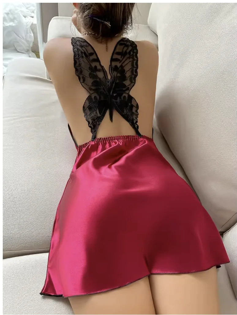 Women's Satin Lace Nightgown. V-Neck Backless Slip Sleepwear