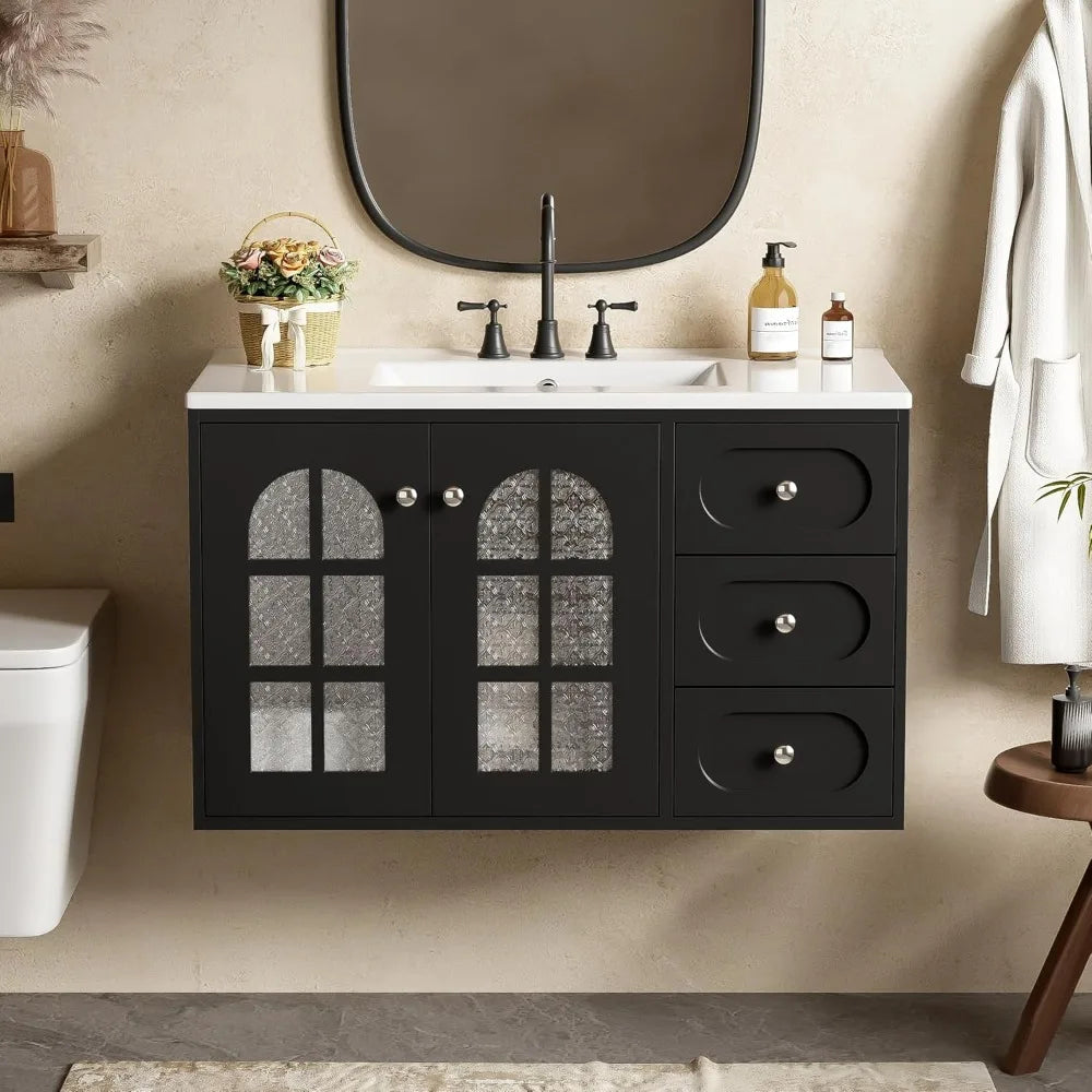 36 Inch Floating Wall Mounted Vanity With Ceramic Sink And Drawers