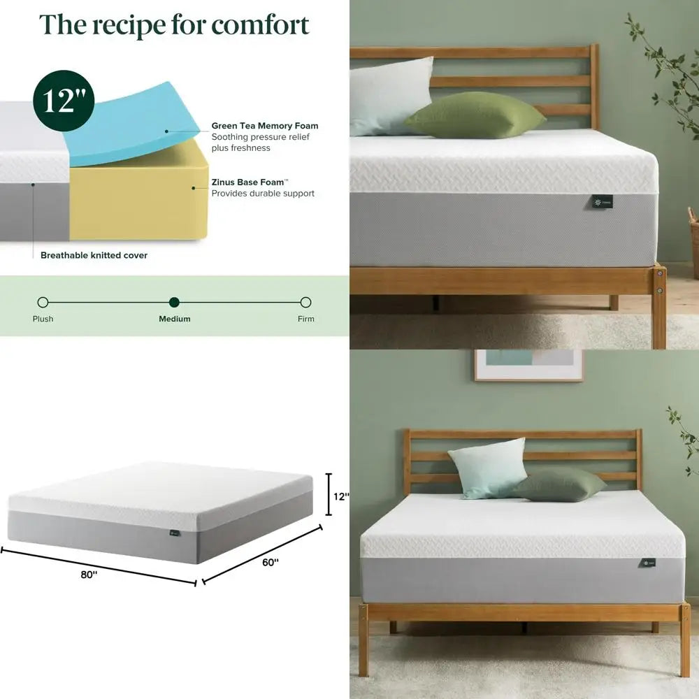 "12 inch queen size green tea infused memory foam mattress - medium firmness, breathable design, fiberglass-free"