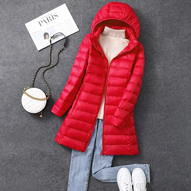 Women's Long Hooded Puffer Jacket – Lightweight Quilted Winter Coat with Detachable Hood