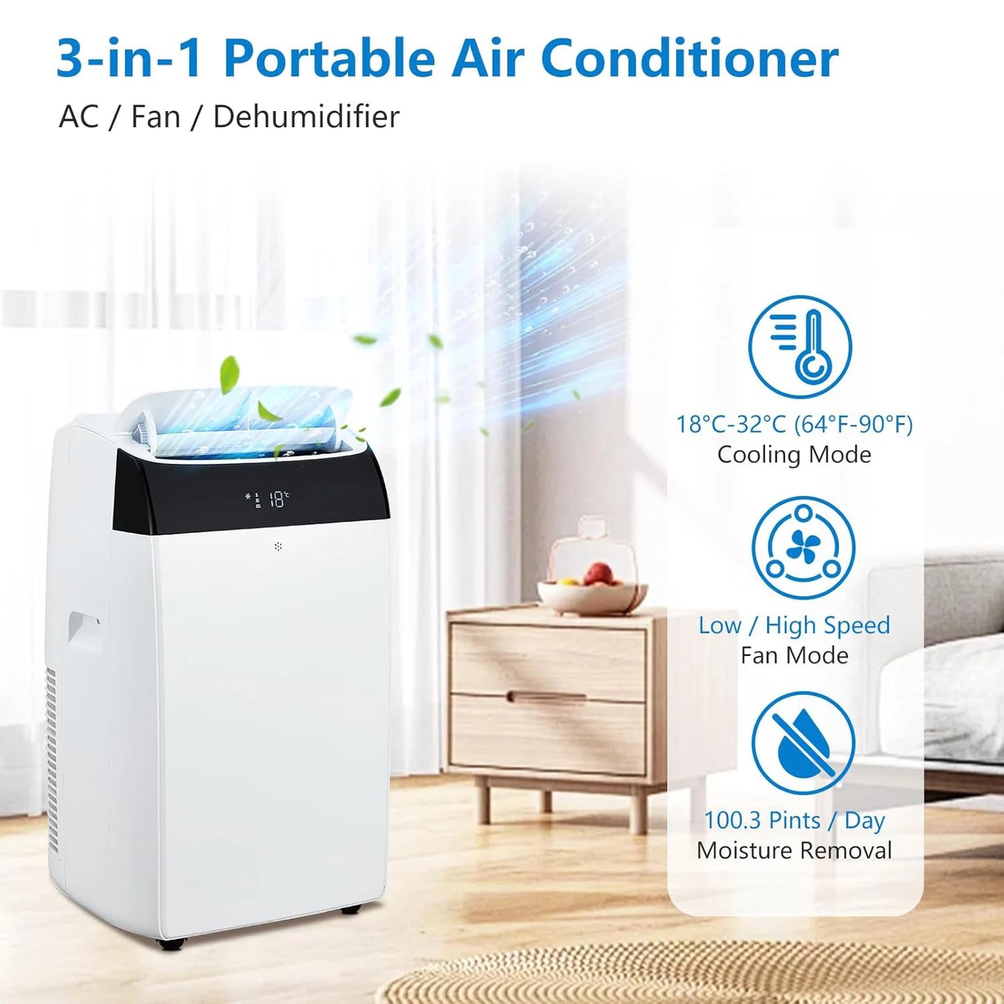 14000 BTU Portable Air Conditioner. 3-In-1 Cooling Unit with Fan & Dehumidifier