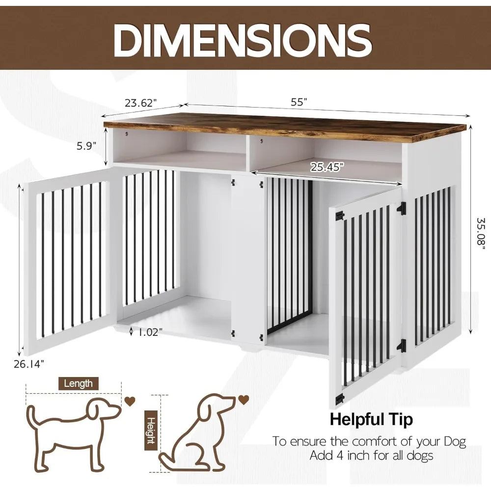 55'' Dog Crate Furniture for 2 Dogs, Wooden Dog Cage with Storage Compartment, Indoor Dog Kennel with 2 Doors for Large/Medium/S