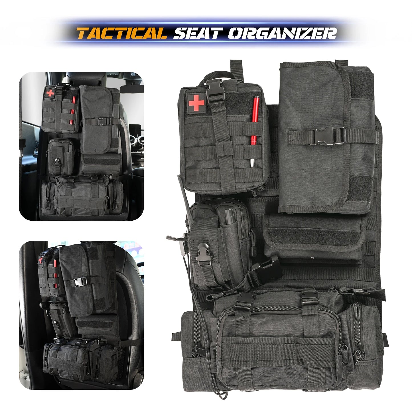 Car Seat Back Molle Organizer Tactical with 5 Molle Pouches Pocket Universal Vehicle Panel Protector Organizer Storage Bag Cover
