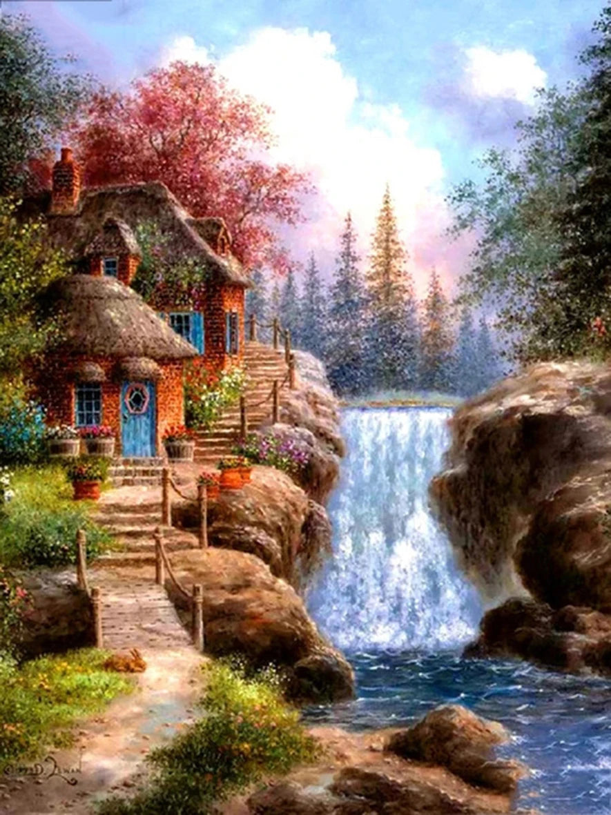 DIY Paint by Numbers Mountain Waterfall Landscape Canvas Kit. Adult & Kids Acrylic Painting Craft Home Wall Decor Gift