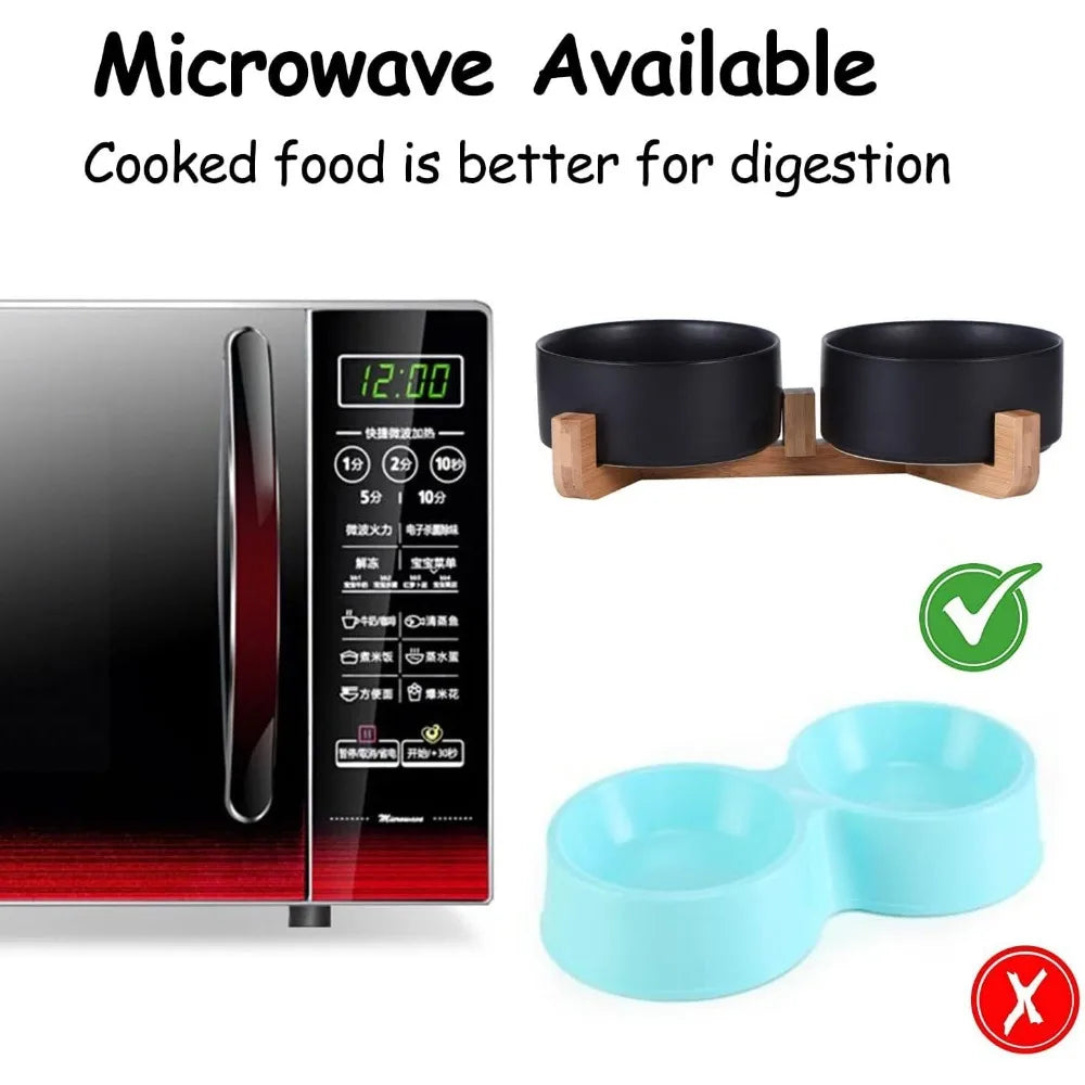 Ceramic Dog Cat Bowls Set with Stand,Black Pet Food and Water Bowl,Small Dog Bowls Cute Modern Anti Slip Set of 2 Pet Feeder Sm