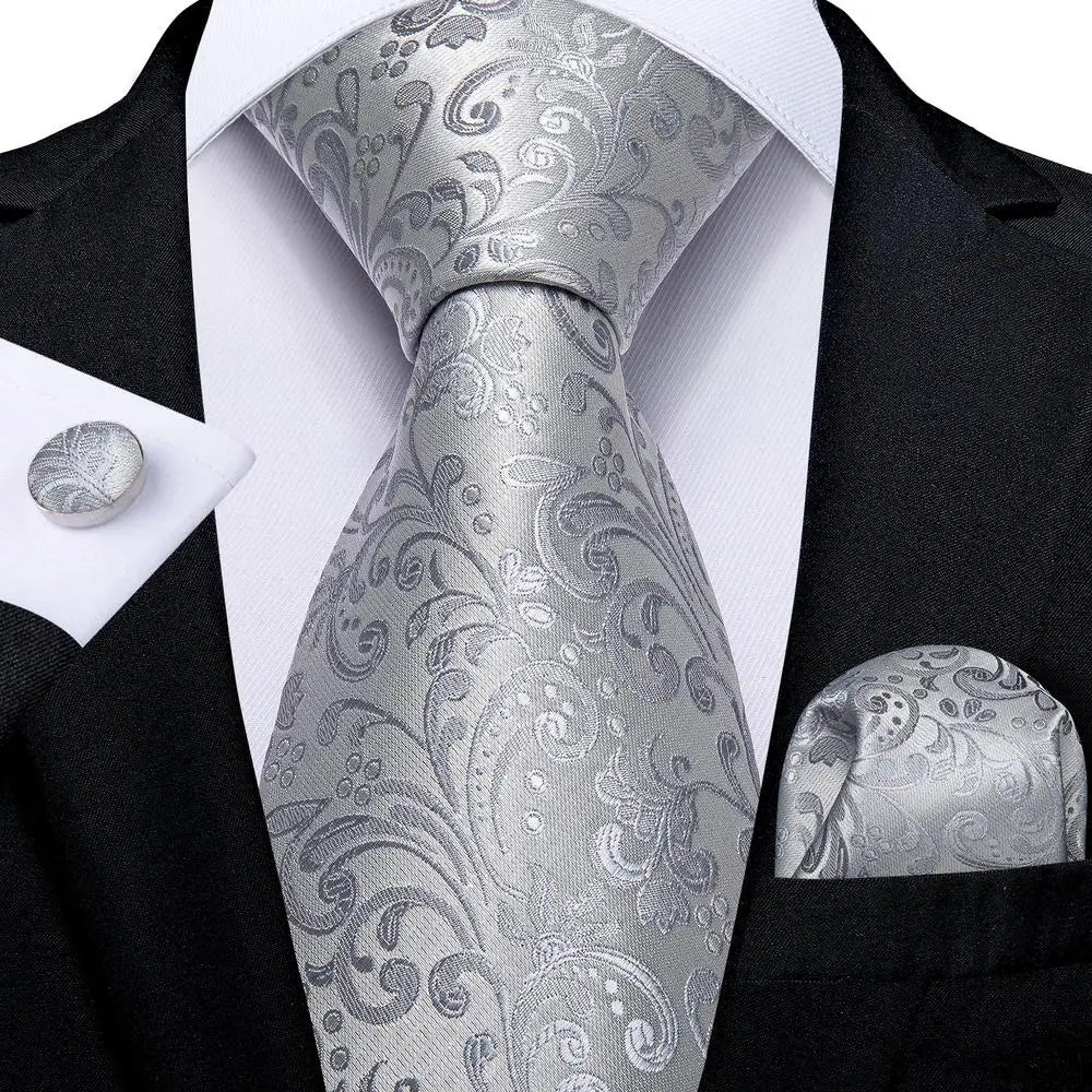 Hi-Tie Luxury Silver Men’s Necktie Set with Pocket Square & Cufflinks | Wedding, Business & Formal Events