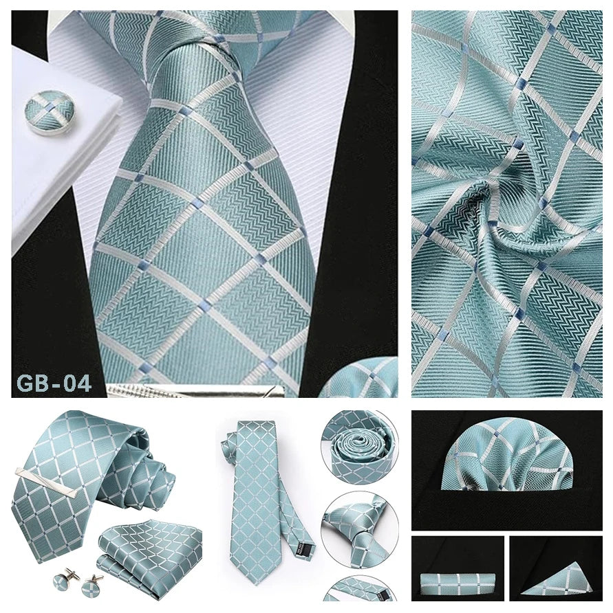 100% Silk Plaid & Checkered Men’s Tie Set with Pocket Square, Tie Clip & Cufflinks. Business & Wedding Necktie Gift Set  Optimized Description