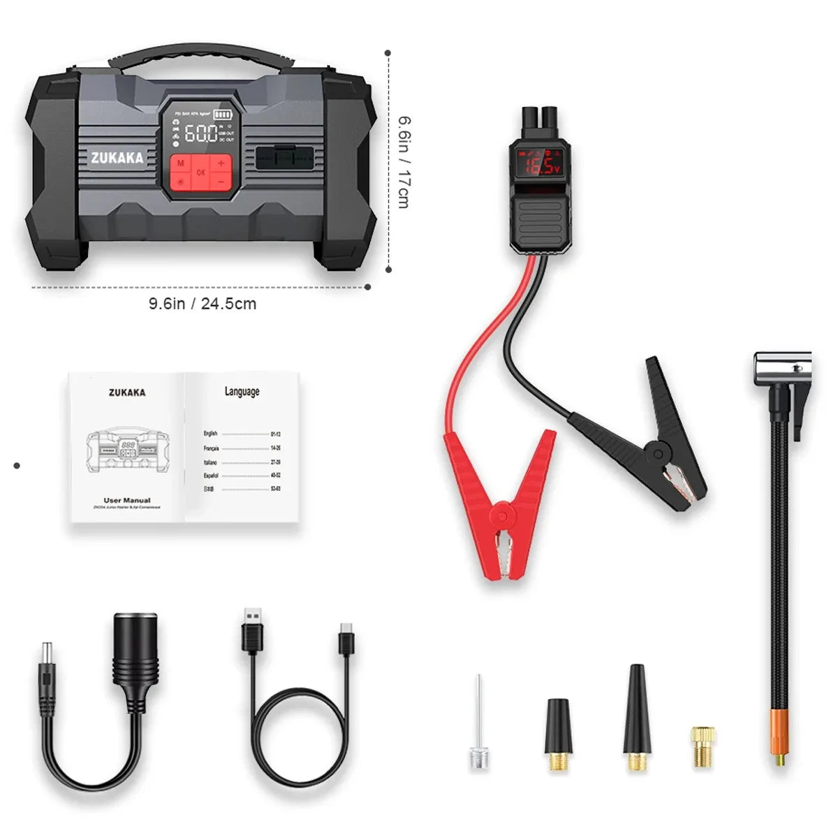 26800mAh Jump Starter with Air Compressor 1000A/1500A PEAK  Booster Tyre Inflator Portable Car Battery Power Bank Charger Air Pump,with LCD Display, Jump Starter Power Bank  (All Gas/ 8.0L Diesel), LED Light, Design for Cars,