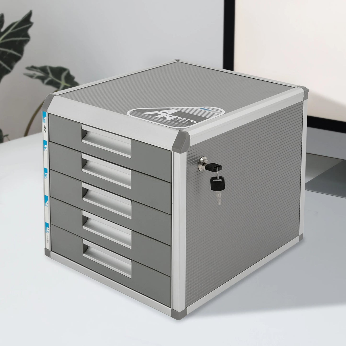 5-Drawer Locking File Organizer Cabinet with Key Lock, Aluminum Desktop Document Storage Box for Letter & A4 Files, Home Office Organizer