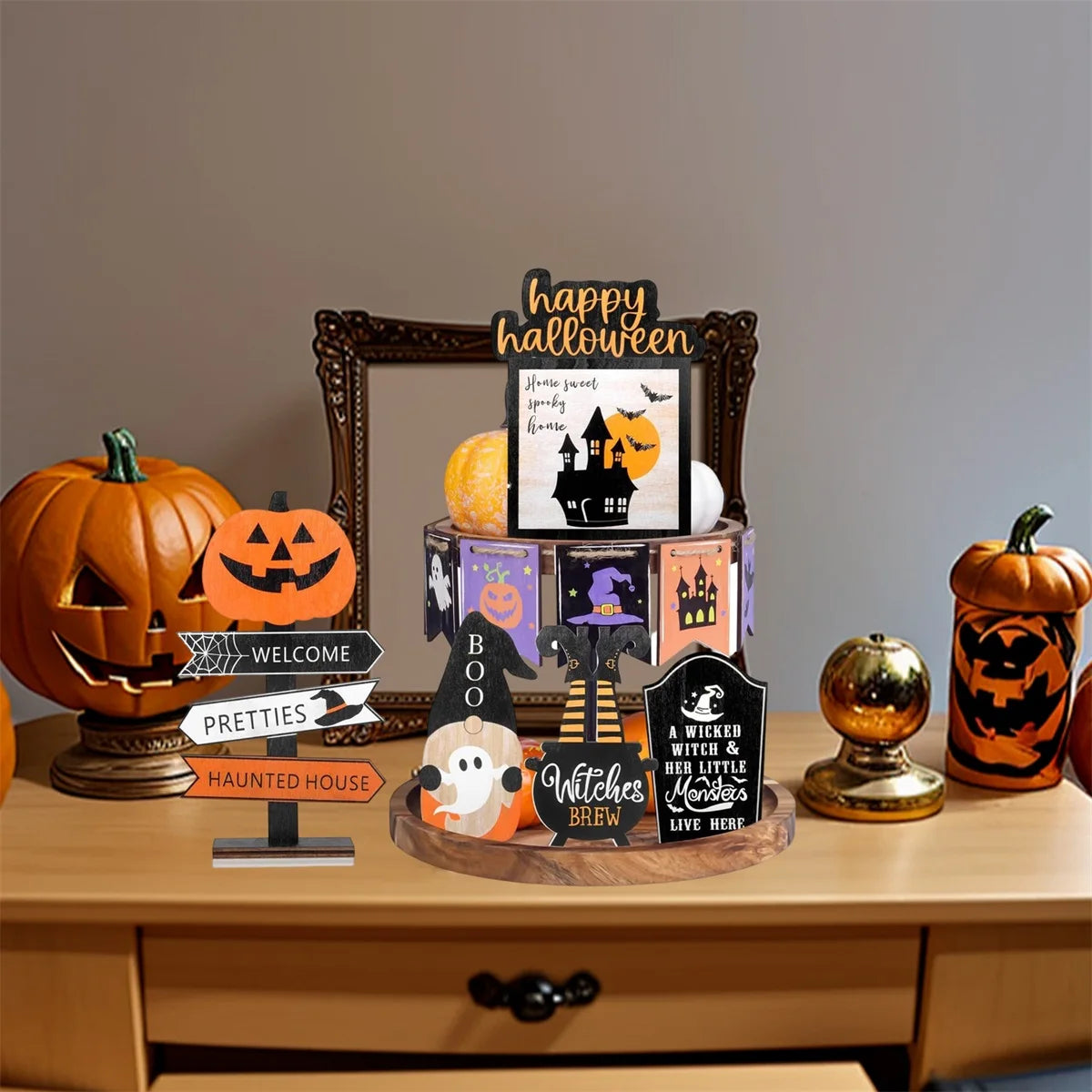 Spooky Halloween Tiered Tray Decor Set With Wooden Pumpkin