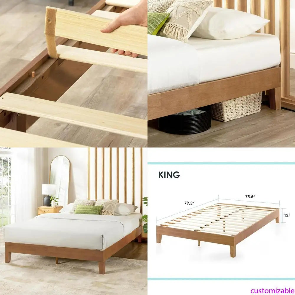 "12" solid wood grand platform bed with wooden slats - no box spring required - king size in natural pine finish"