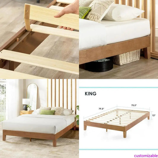 "12" solid wood grand platform bed with wooden slats - no box spring required - king size in natural pine finish"